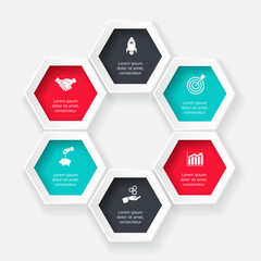 Vector hexagon for infographic. Template for cycle diagram, graph, presentation and chart. Business concept with 6 options, parts, steps or processes. Abstract background.