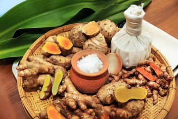 Herbs ingredient for override the salt pot,Thai traditional medicine, Hot compress therapy.-Thai herb for health massage medicine.