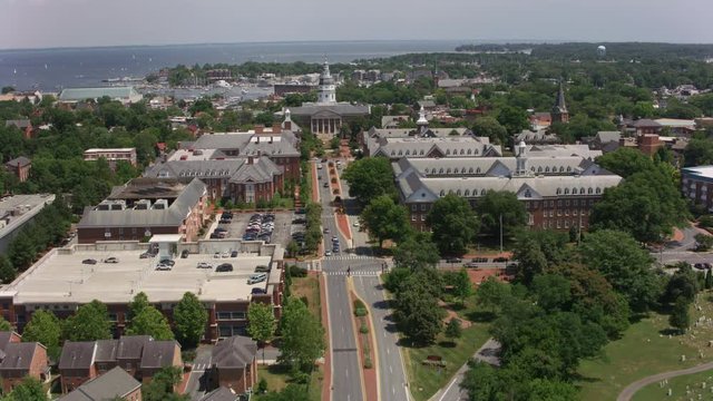 Annapolis, Maryland circa-2017, Aerial approach to Maryland State House in Annapolis, Maryland.  Shot with Cineflex and RED Epic-W Helium. 