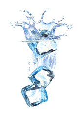 Ice cubes falling into water isolated on white background