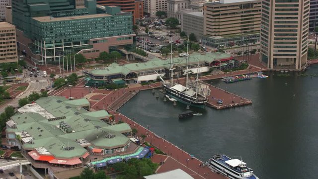 Baltimore, Maryland circa-2017, Ship docked at Baltimore's inner harbor.  Shot with Cineflex and RED Epic-W Helium. 