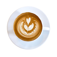 Top view of hot coffee latte cup with rosetta mini heart latte art milk foam isolated on white background, clipping path included.