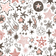 Funny doodle stars and comets icons seamless pattern. Hand kids 