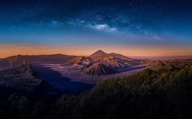 Tuinposter Mount Bromo volcano (Gunung Bromo) on night sky with milky way in Bromo Tengger Semeru National Park, East Java, Indonesia. © nuttawutnuy