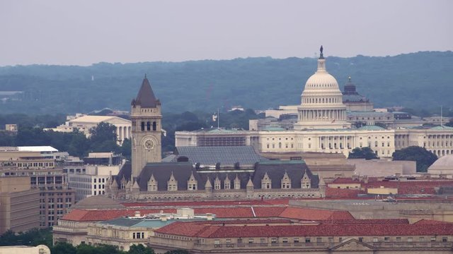Washington, D.C. circa-2017, Aerial view of Old Post Office Pavilion and Capitol.  Shot with Cineflex and RED Epic-W Helium. 