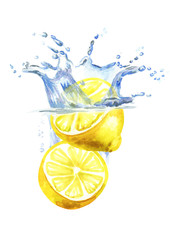 Fresh lemons falling into water isolated on white background. Watercolor hand drawn illustration