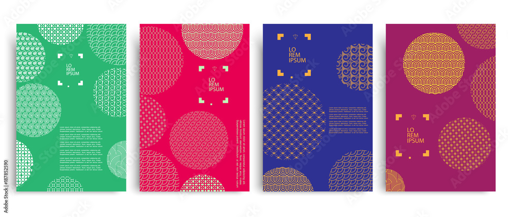 Wall mural set of colored covers with circles and different geometric patterns
