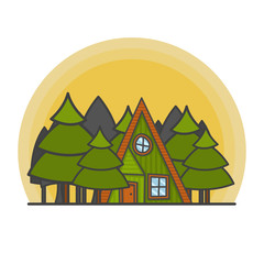 Obraz premium Cartoon scene with house in the forest illustration. Doodle vector, hand drawn building.