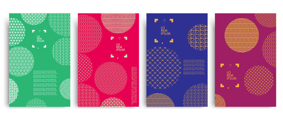 Set of colored covers with circles and different geometric patterns