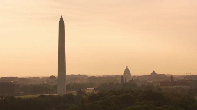 Washington, D.C. circa-2017, Aerial view of sunrise over Washington D.C.  Shot with Cineflex and RED Epic-W Helium. 
