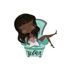 A Girl Is Reading A Book On The Couch Isolated on a White Background Hand Drawn Illustration