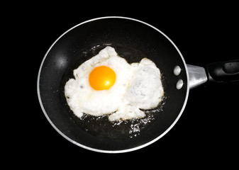 Fried egg in a frying pan on black background