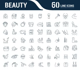 Fotobehang Vector graphic set. Icons in flat, contour, thin, minimal and linear design. Beauty. Attributes of beauty for men and women. Concept illustration for Web site. Sign, symbol, element. © marinashevchenko