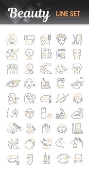 Vector graphic set. Icons in flat, contour, thin, minimal and linear design. Beauty. Attributes of beauty for men and women. Concept illustration for Web site. Sign, symbol, element. © marinashevchenko