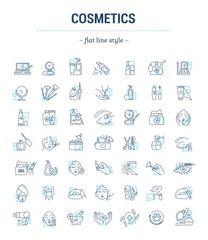 Obraz na płótnie Canvas Vector graphic set. Isolated Icons in flat, contour, thin, minimal and linear design. Cosmetics for face and body. Makeup Accessories. Concept illustration for Web site. Sign, symbol, element.