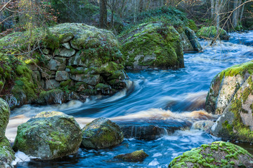 Spring flood with rushing water in woodland environment. Erratic boulders covered in moss at the waters edge.