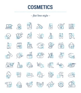 Vector graphic set. Isolated Icons in flat, contour, thin, minimal and linear design. Cosmetics for face and body. Makeup Accessories. Concept illustration for Web site. Sign, symbol, element.