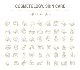 Vector graphic set. Icons in flat, contour, thin, minimal, and linear design. Cosmetology. Skin care. Simple isolated icons. Concept illustration for Web site and app. Sign, symbol, element.