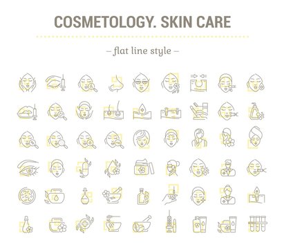 Vector graphic set. Icons in flat, contour, thin, minimal, and linear design. Cosmetology. Skin care. Simple isolated icons. Concept illustration for Web site and app. Sign, symbol, element.