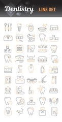 Vector graphic set. Icons in flat, contour, thin and linear design. Dental services, therapy, disease, problem, tool, reconstruction. Simple isolated icons. Concept Web illustration. Sign, symbol.