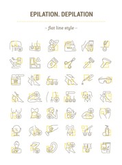 Vector graphic set. Isolated Icons in flat, contour, thin, minimal, outline and linear design. Male, female epilation of body. Removal hair equipment. Concept illustration. Web sign, symbol, element.