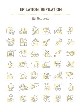 Vector graphic set. Isolated Icons in flat, contour, thin, minimal, outline and linear design. Male, female epilation of body. Removal hair equipment. Concept illustration. Web sign, symbol, element.