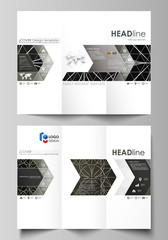 Tri-fold brochure business templates on both sides. Easy editable vector layout in flat design. Celtic pattern. Abstract ornament, geometric vintage texture, medieval classic ethnic style.