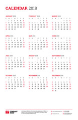 Vector calendar poster Tabloid size for 2018 Year. Week starts on Sunday. Stationery design template