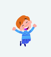 White boy in jeans jumping for joy.