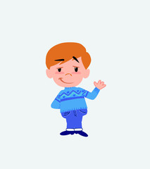 White boy in jeans waving with a dreamy expression.