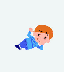 White boy in jeans lying, greets with a dreamy expression.