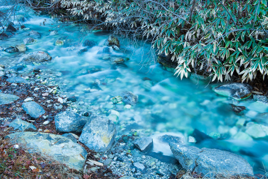 Rill of hot spring at Sainokawara Park in Kusatsu onsen. Gunma,Japan.