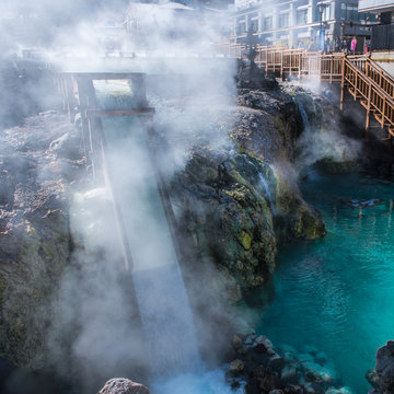 Yubatake hot spring in Kusatsu onsen. Gunma,Japan.