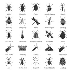 Insects glyph icons set - obrazy, fototapety, plakaty