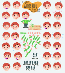 White boy in jeans. Twenty eight expressions and basics body elements, template for design work and animation. Vector illustration to Isolated and funny cartoon character.