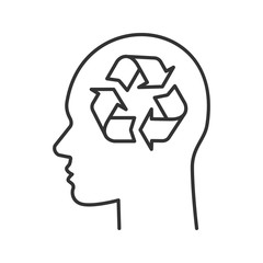 Human head with recycling sign inside linear icon