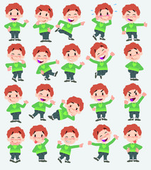 Cartoon character boy in jeans. Set with different postures, attitudes and poses, always in positive attitude, doing different activities in vector vector illustrations.