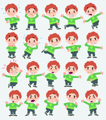 Cartoon character boy in jeans. Set with different postures, attitudes and poses, always in negative attitude, doing different activities in vector vector illustrations.