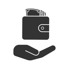 Open hand with wallet and money glyph icon