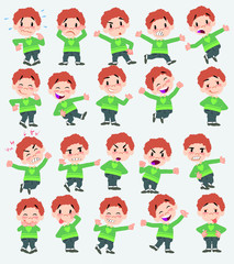 Obraz na płótnie Canvas Cartoon character white boy in jeans. Set with different postures, attitudes and poses, doing different activities in isolated vector illustrations.