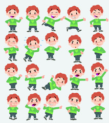 Cartoon character white boy in jeans. Set with different postures, attitudes and poses, doing different activities in isolated vector illustrations.