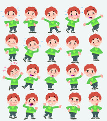 Cartoon character white boy in jeans. Set with different postures, attitudes and poses, doing different activities in isolated vector illustrations.