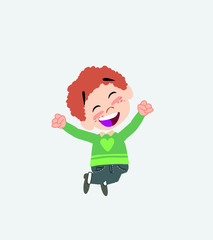 White boy in jeans jumping for joy.