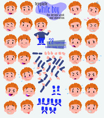 White boy in jeans. Twenty eight expressions and basics body elements, template for design work and animation. Vector illustration to Isolated and funny cartoon character.