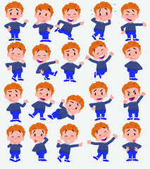 Cartoon character boy in jeans. Set with different postures, attitudes and poses, always in positive attitude, doing different activities in vector vector illustrations.