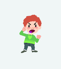 White boy in jeans screams angry in aggressive attitude.