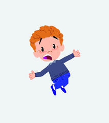 White boy in jeans jumping terrified.