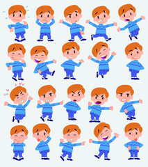 Cartoon character white boy in jeans. Set with different postures, attitudes and poses, doing different activities in isolated vector illustrations.