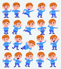 Cartoon character white boy in jeans. Set with different postures, attitudes and poses, doing different activities in isolated vector illustrations.