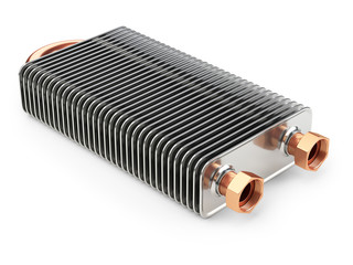 Aluminium long heat exchanger with tubes for connection of Industrial cooling unit equipment.